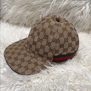 Gucci Beige Monogram Cap with Iconic Stripe